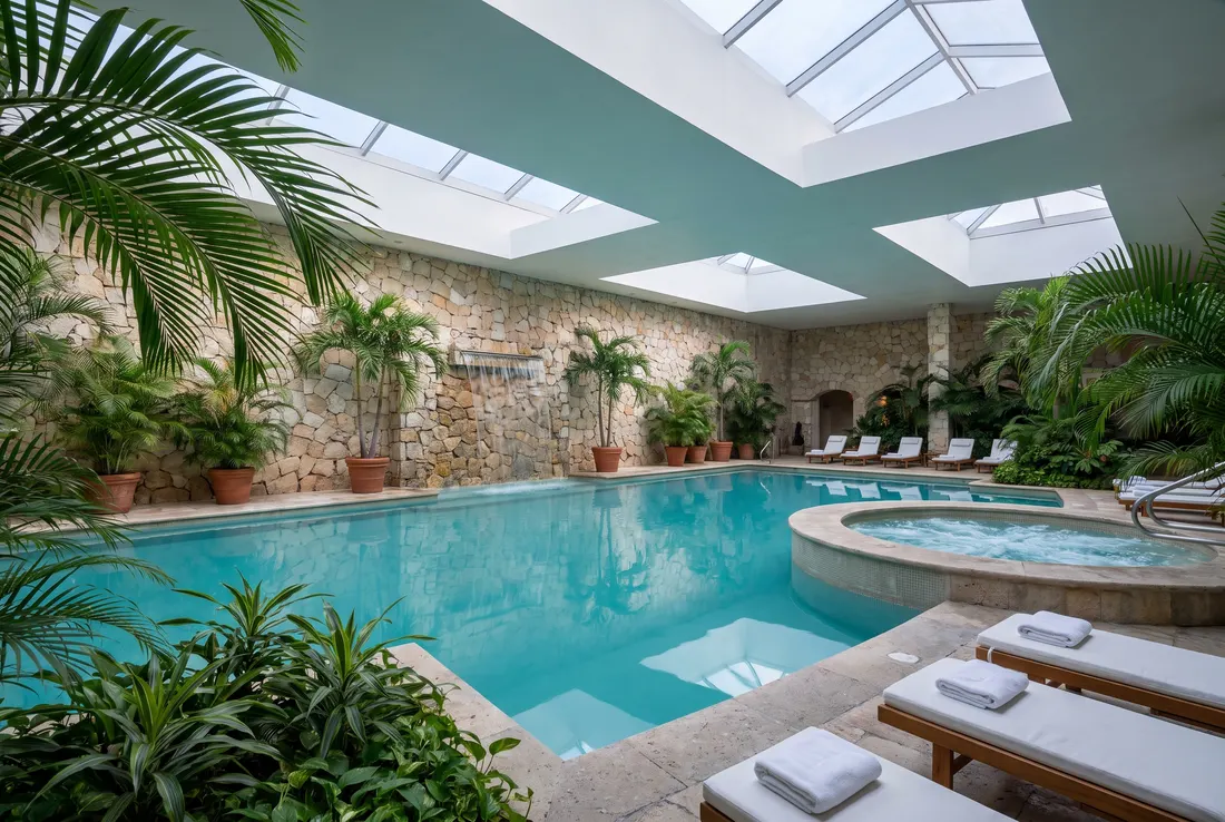 Generated illustration: an indoor pool with a stone waterfall wall, palms, a round hot tub and white loungers under skylights; not a photograph of the resort.